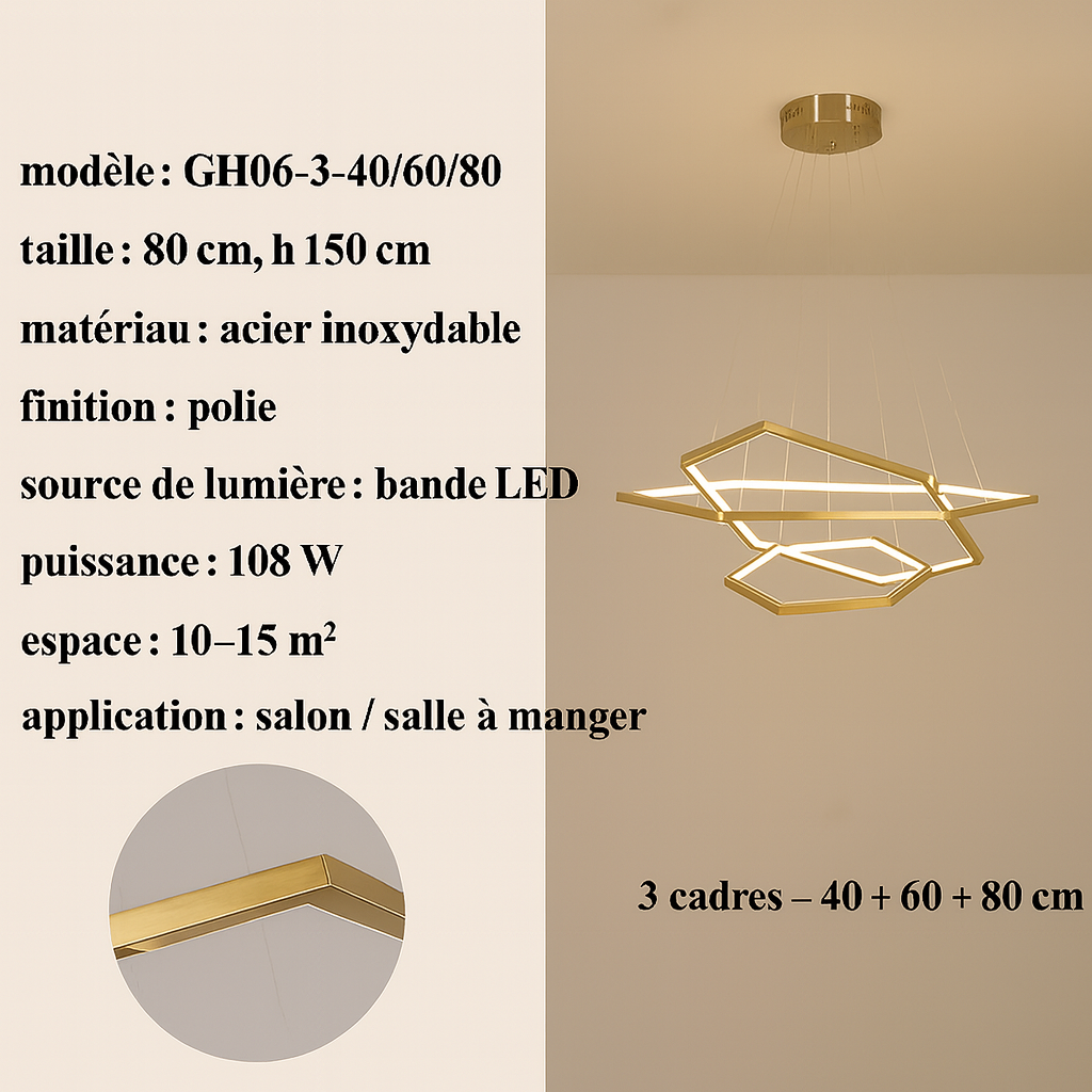 Suspension LED hexagonale dorée