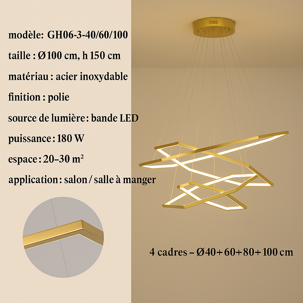 Suspension LED hexagonale dorée