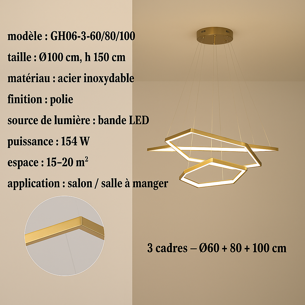 Suspension LED hexagonale dorée