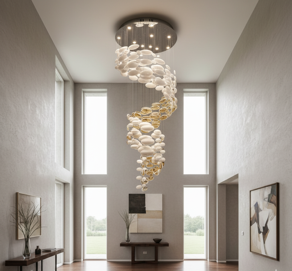 Lustre escalier cristal spiralé doré