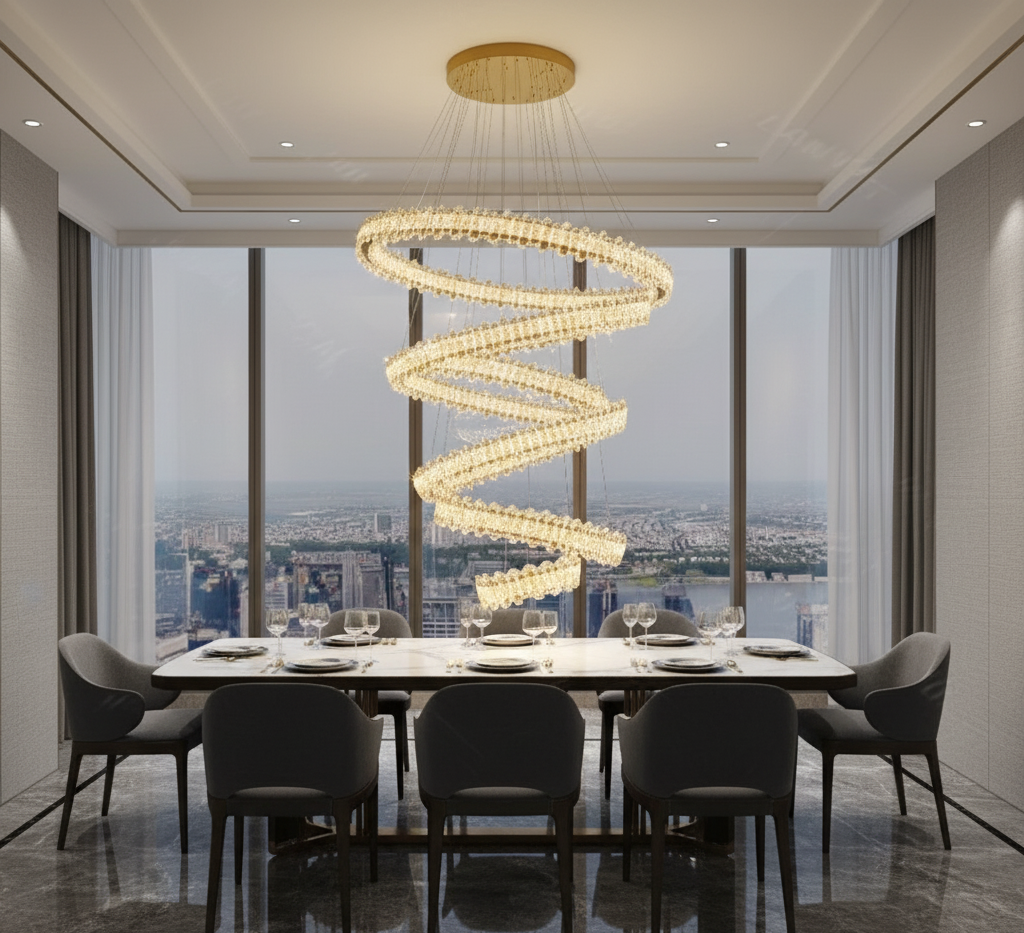 Lustre moderne cristal spiralé – Suspension LED design pour hauts plafonds et escaliers
