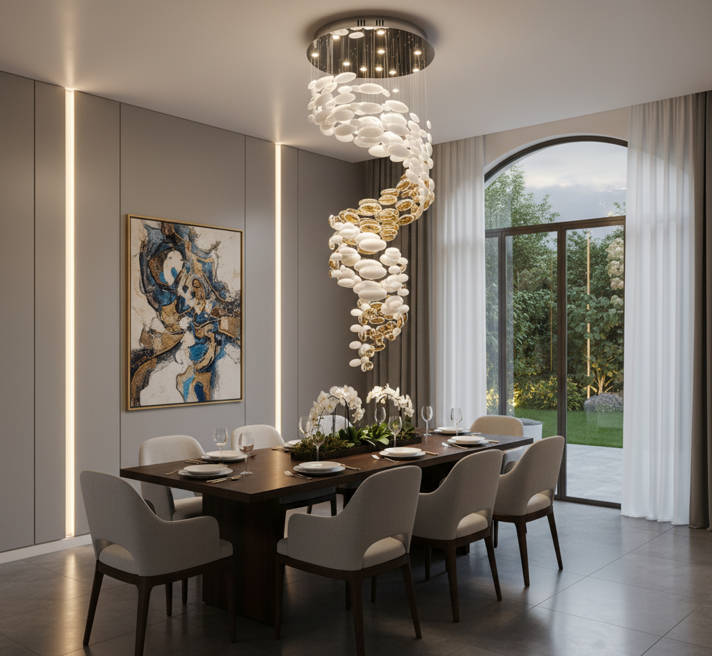 Lustre escalier cristal spiralé doré