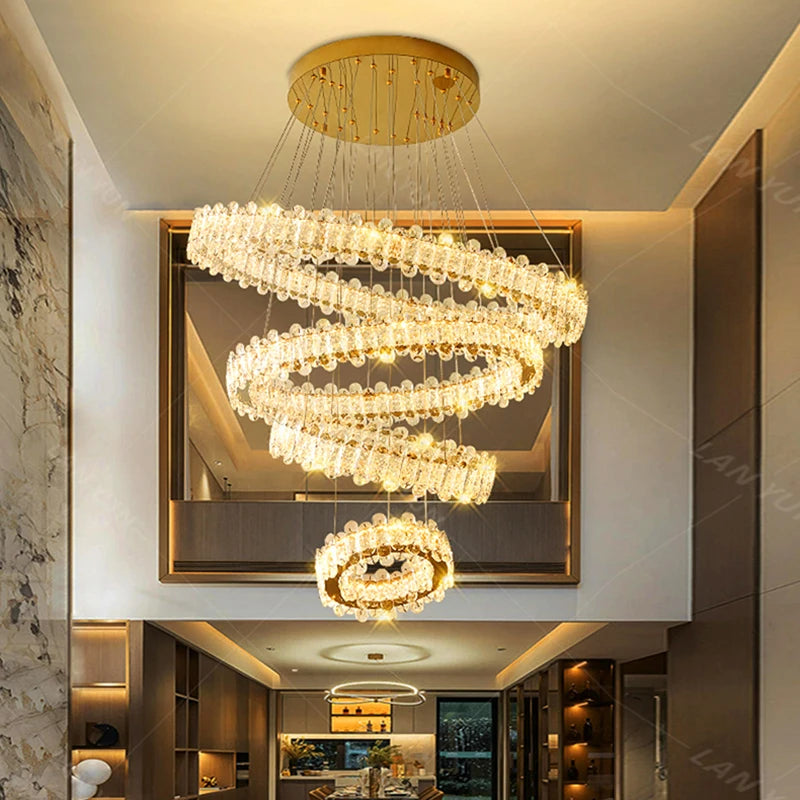 Lustre moderne cristal spiralé – Suspension LED design pour hauts plafonds et escaliers