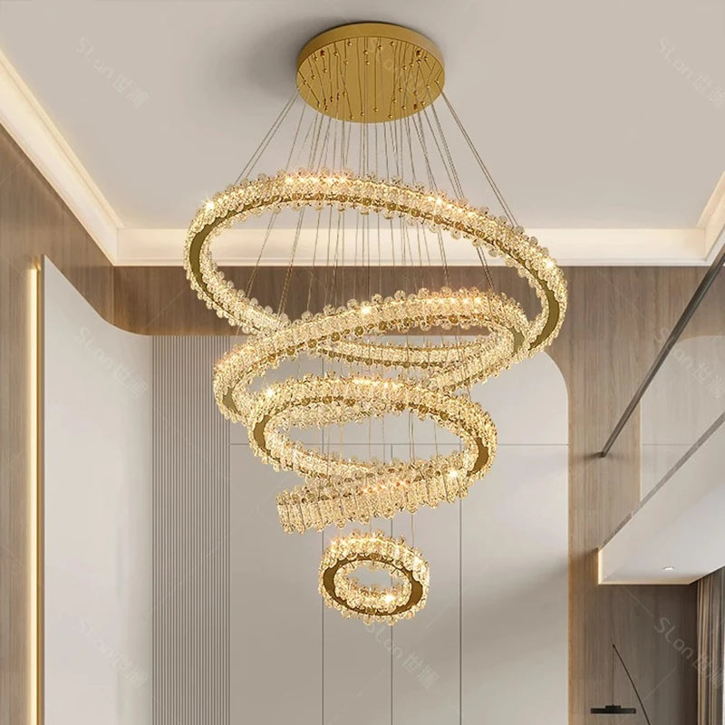 Lustre moderne cristal spiralé – Suspension LED design pour hauts plafonds et escaliers