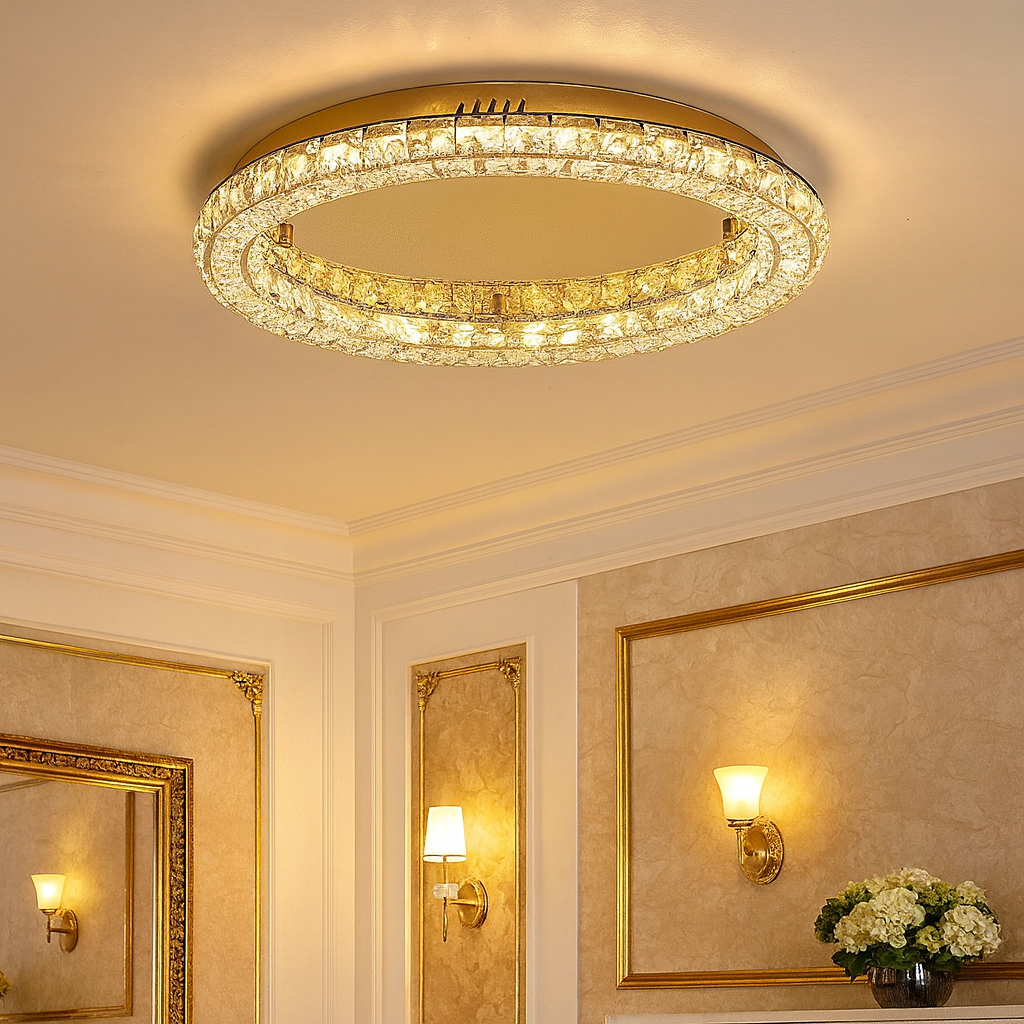 Lustre LED cristal doré rond