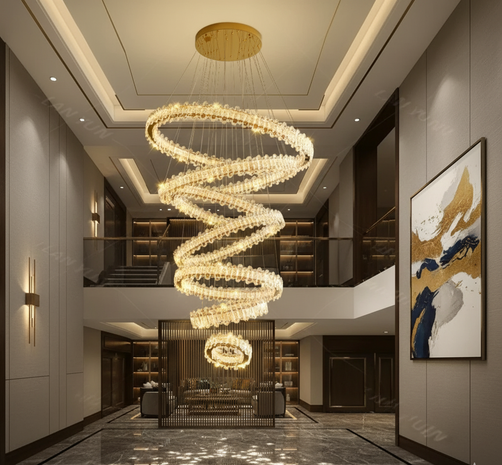 Lustre moderne cristal spiralé – Suspension LED design pour hauts plafonds et escaliers