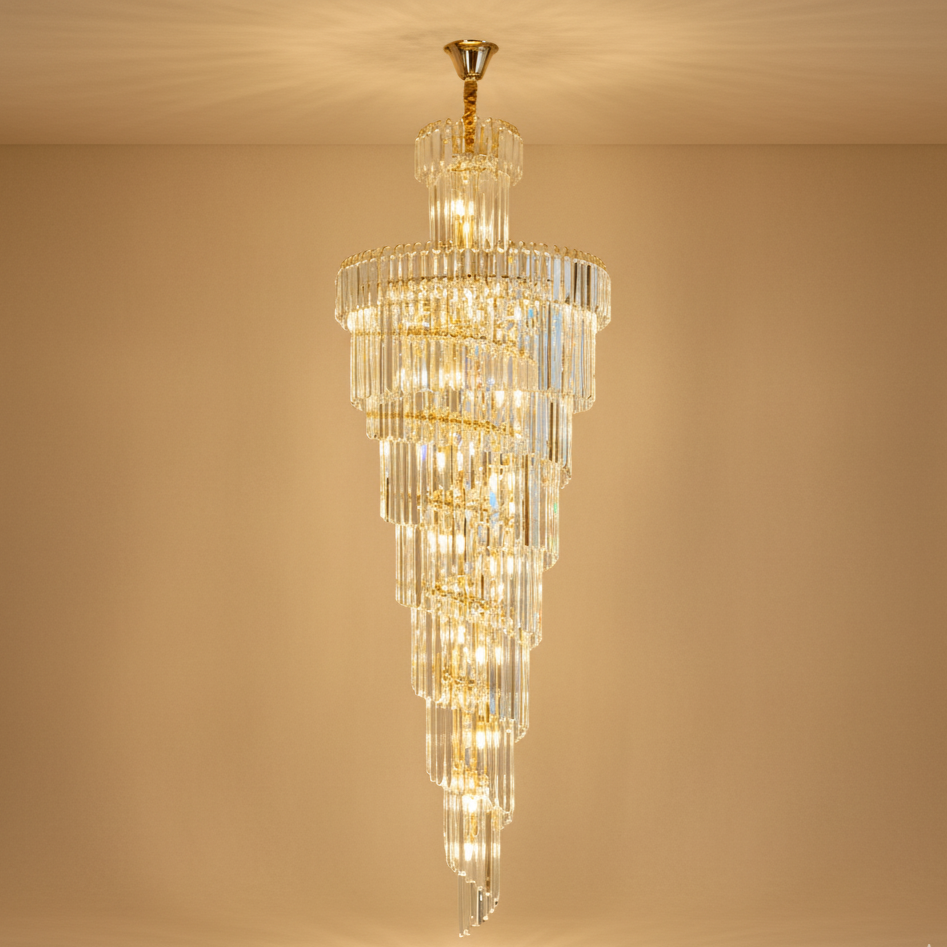 Lustre cascade cristal doré escalier