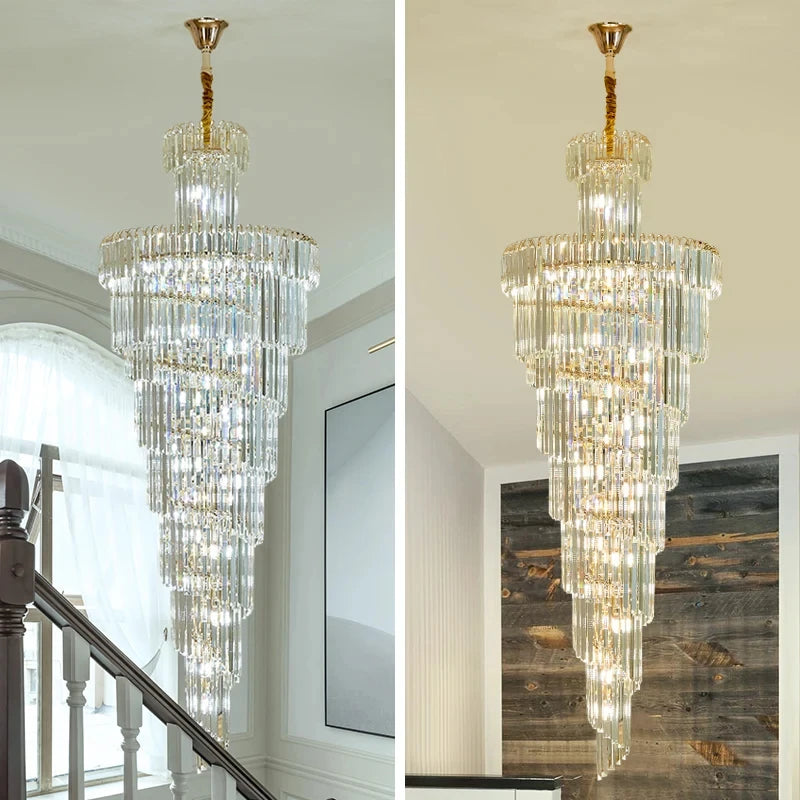 Lustre cascade cristal doré escalier