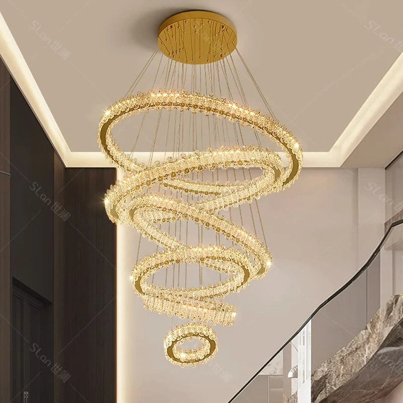 Lustre moderne cristal spiralé – Suspension LED design pour hauts plafonds et escaliers